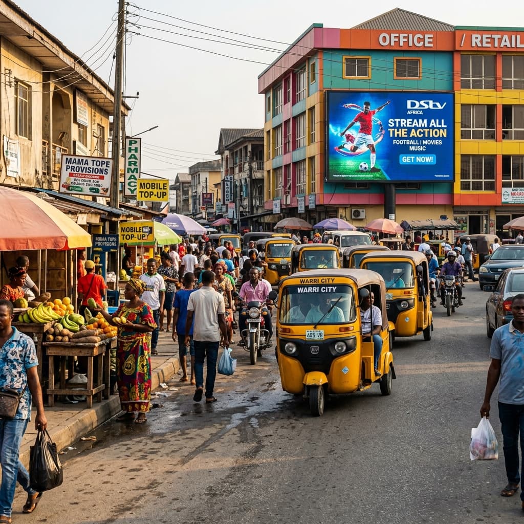 A Warri street with shopfront signage and a lit screen above a retail building