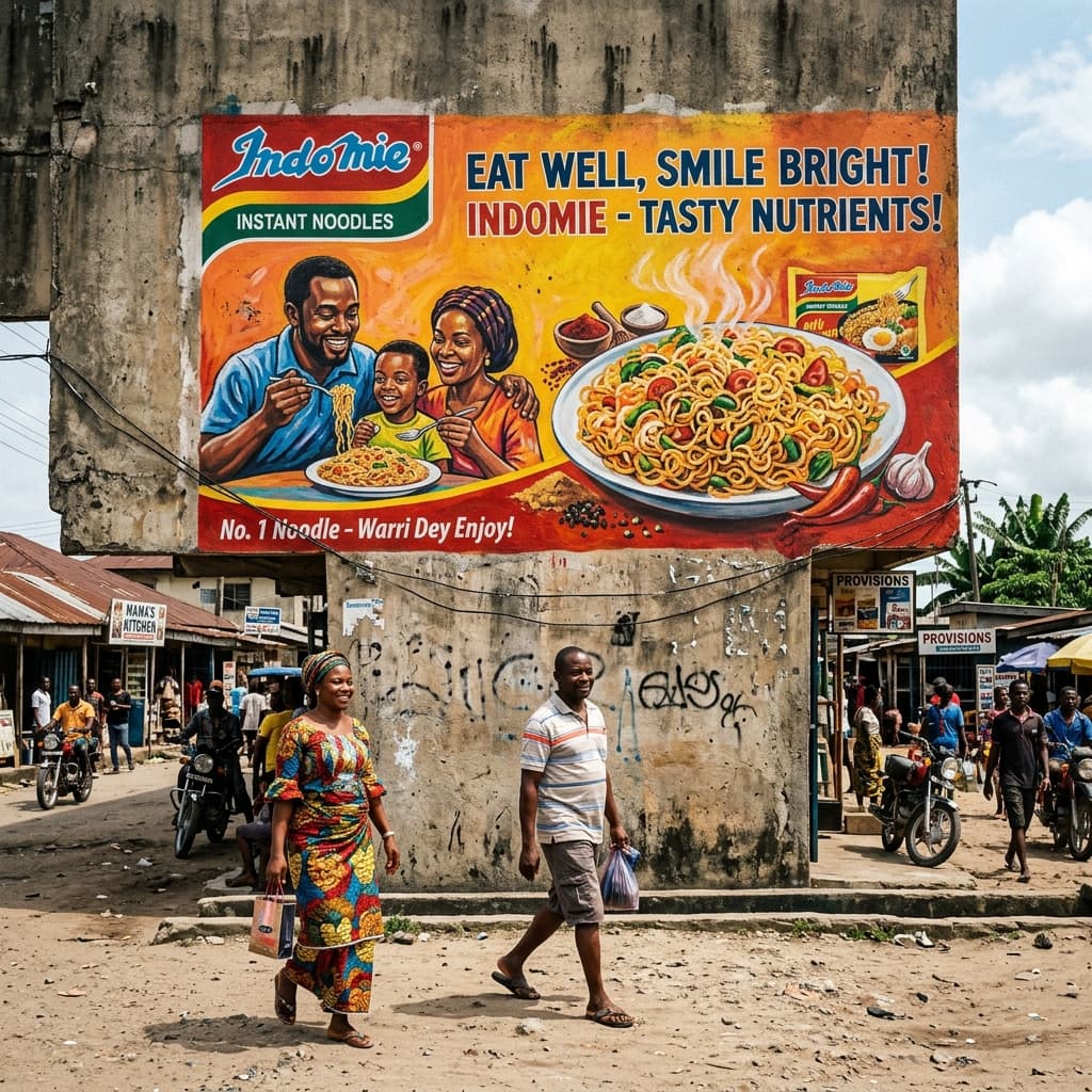 A painted advertising wall on a busy street in Warri