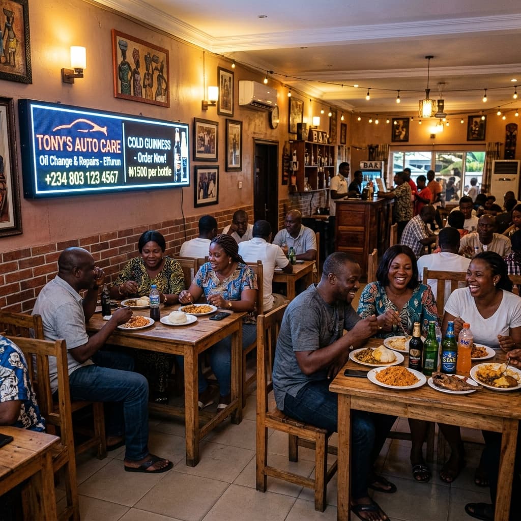 A busy restaurant in Effurun with a lit advertising screen on the wall