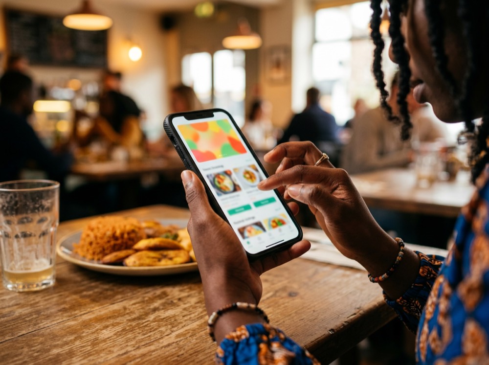 A customer scrolling a food app at a cafe table, a wide banner at the top of the screen