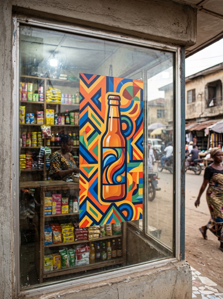 A colourful decal on a shop's front window, shelves of goods behind the glass