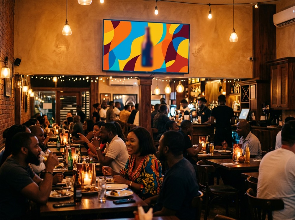 A busy restaurant lounge with an advertisement playing on the wall screen